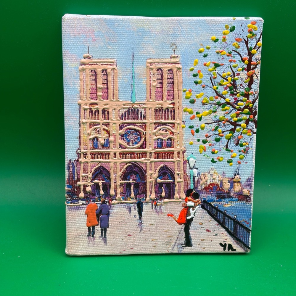 Youn Roux Signed Notre Dame Paris Original Acrylic on Canvas 7x5 Cathedral Art